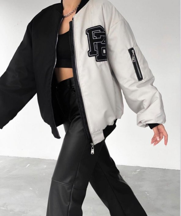 PB Siyah Gri Çift Renk Unisex Oversize Bomber Ceket