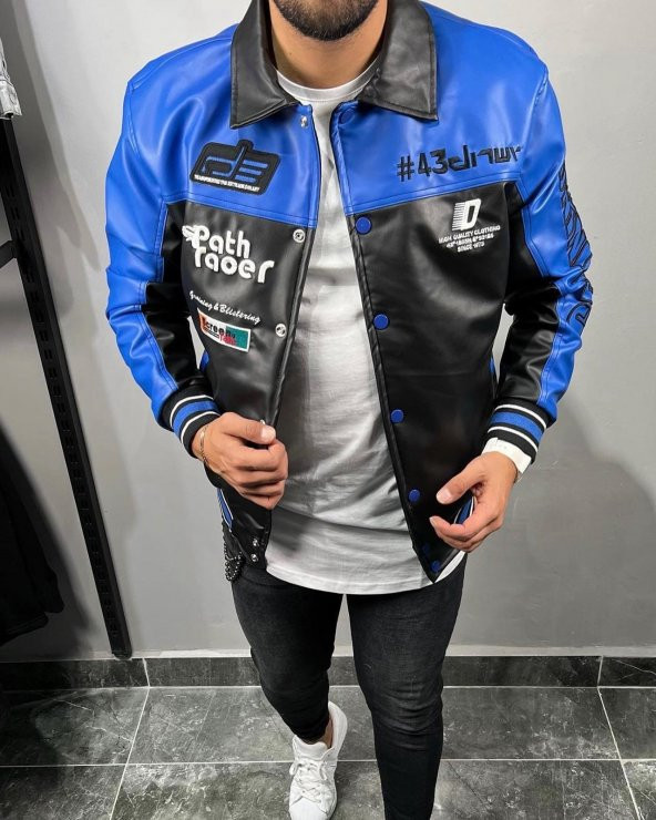 Nakışlı Komple Deri Kumaş Yarışcı Unisex Oversize Ceket