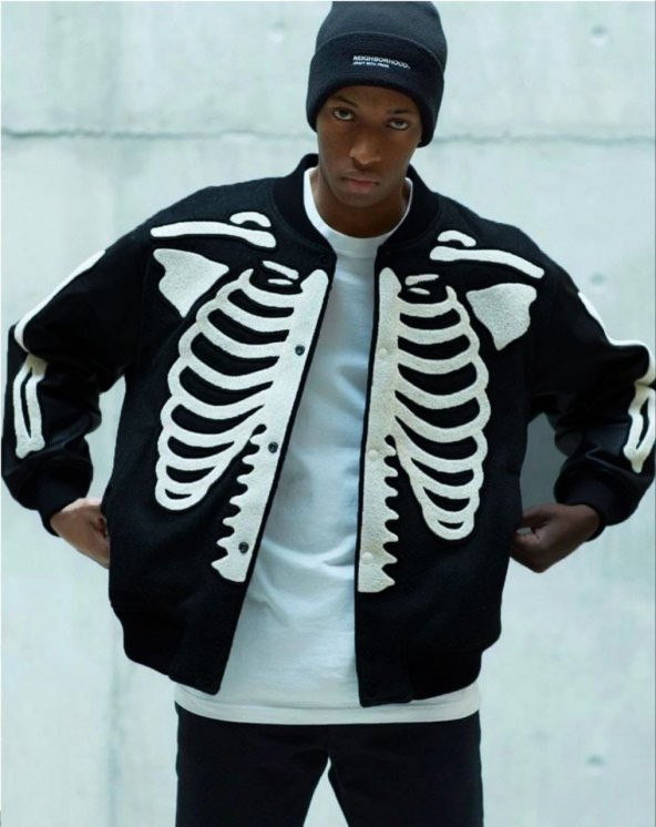 Kemik Göğüs Kafesi Kolları Deri Unisex Oversize Kolej Ceket