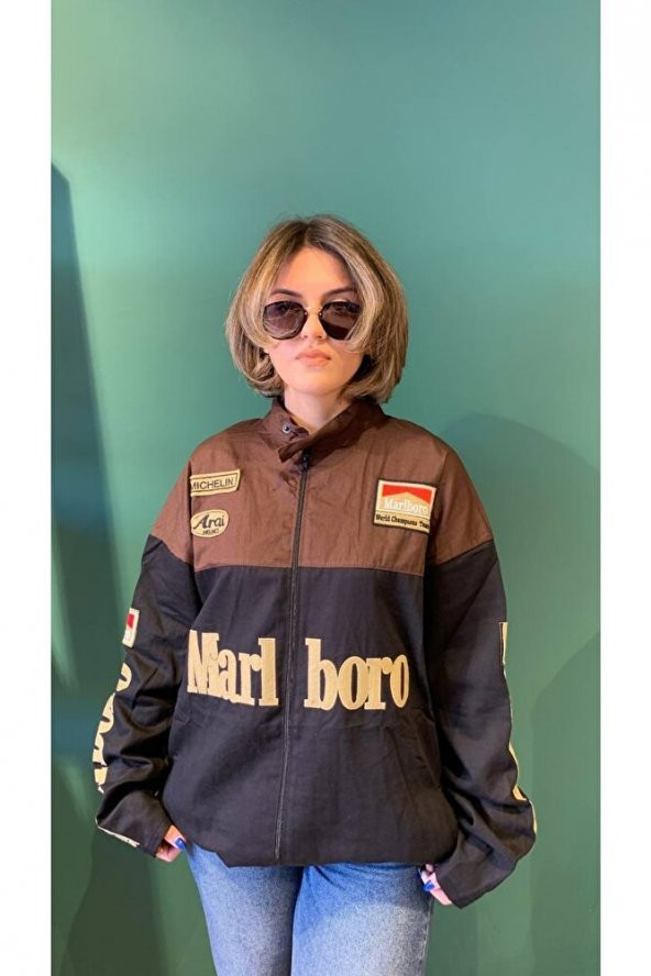 Malbora Kahverengi Unisex Malbora Nakışlı Gabardin Kumaş Cepli Günlük Kolej Marlboro Ceket
