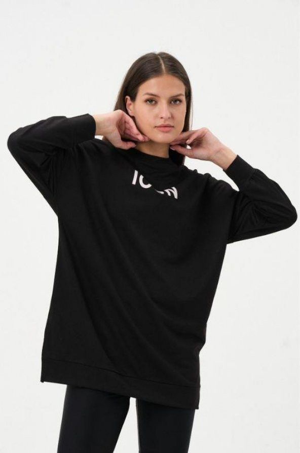 23121-Kadın Kapüşonlu Oversize Baskılı Sweatshirt - Siyah