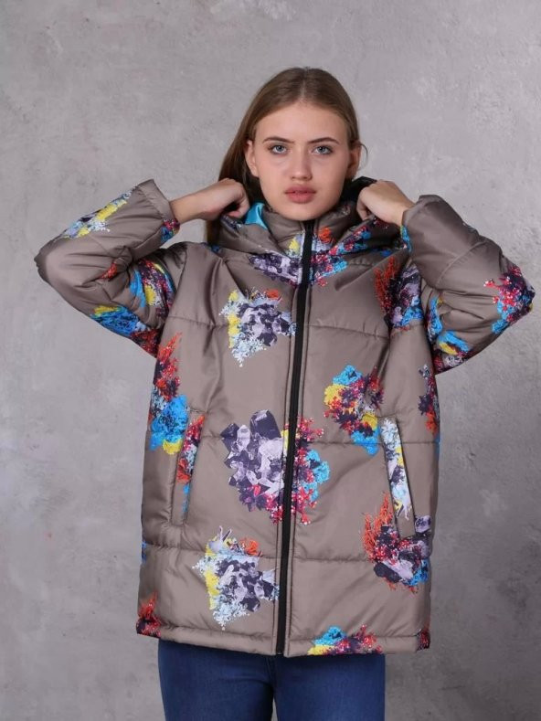 Farm Animals Retro Gate Dijital Art Puffer Mont Kadın - 2