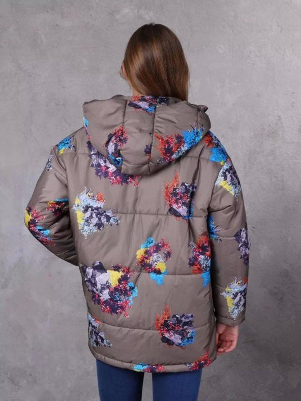 Farm Animals Retro Gate Dijital Art Puffer Mont Kadın - 3