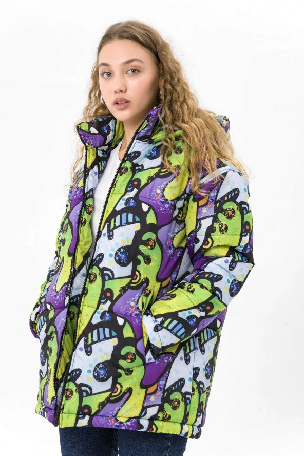 Farm Animals Retro Gate Dijital Art Puffer Mont Kadın - 2