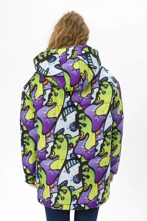 Farm Animals Retro Gate Dijital Art Puffer Mont Kadın - 3