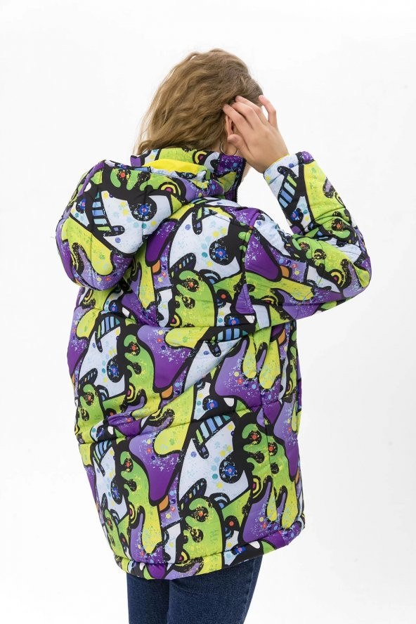 Farm Animals Retro Gate Dijital Art Puffer Mont Kadın - 4