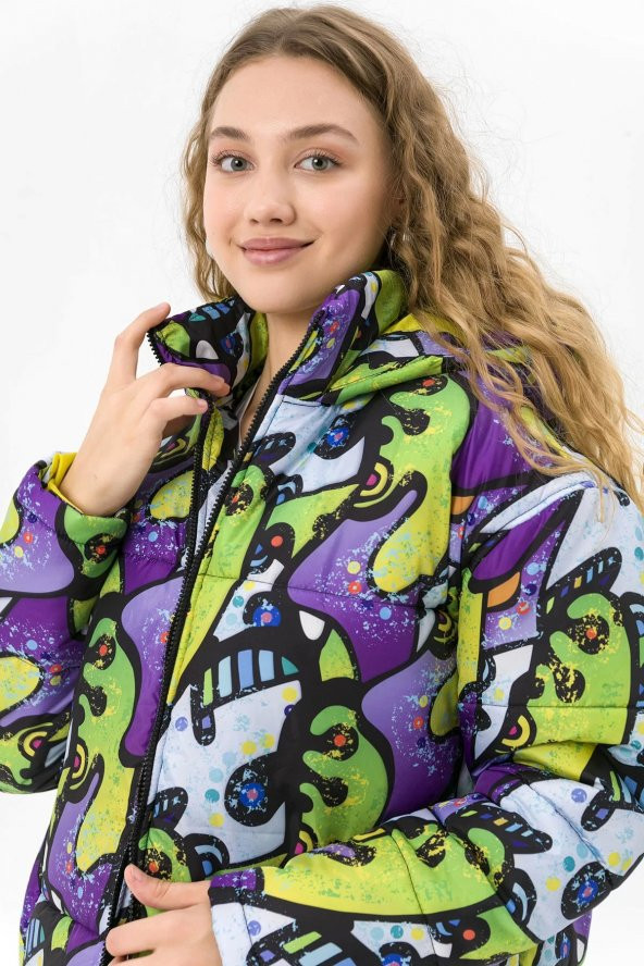 Farm Animals Retro Gate Dijital Art Puffer Mont Kadın - 7