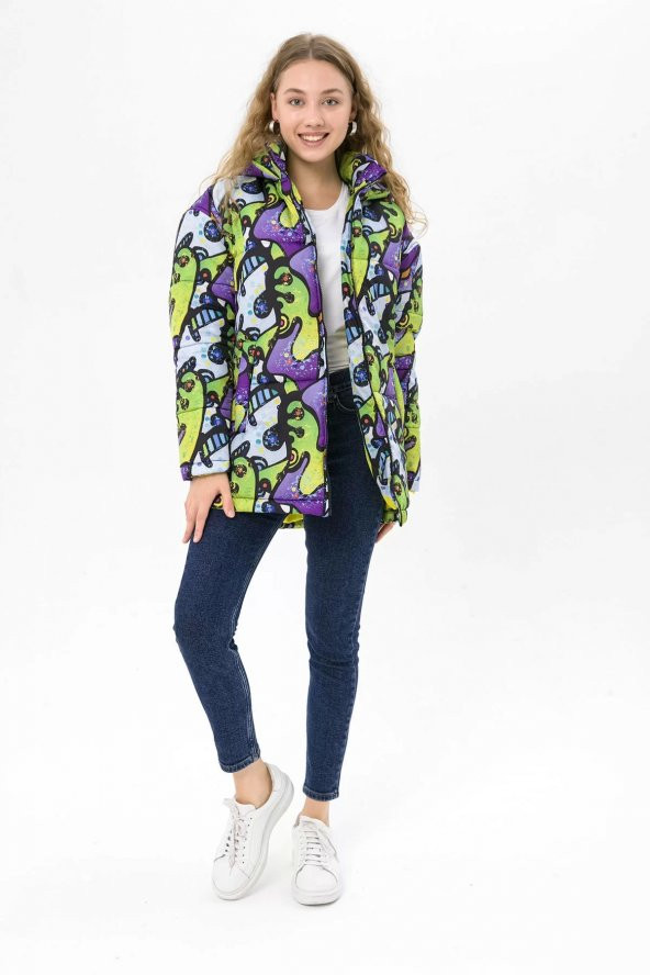 Farm Animals Retro Gate Dijital Art Puffer Mont Kadın - 8