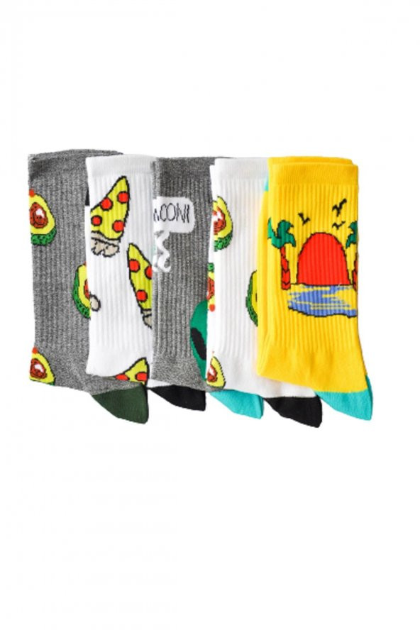 5li Uzaylı ve Avokado Desenli Erkek Çorap 4421-B5