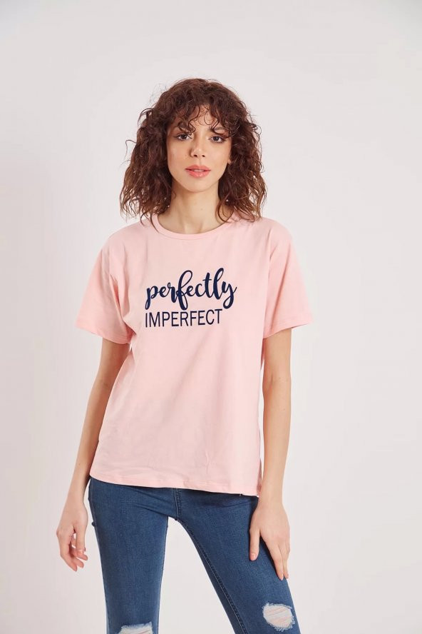 Kadın Perfectly Yazı Baskılı Pudra Renk T-shirt