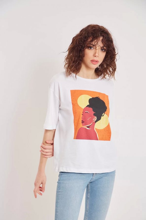 Kadın Beyaz Reggie Resim Baskılı T-shirt - 2