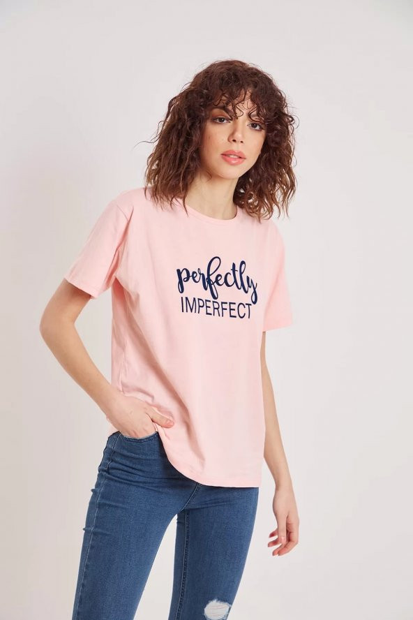 Kadın Perfectly Yazı Baskılı Pudra Renk T-shirt - 3