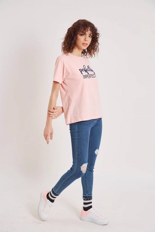 Kadın Perfectly Yazı Baskılı Pudra Renk T-shirt - 4