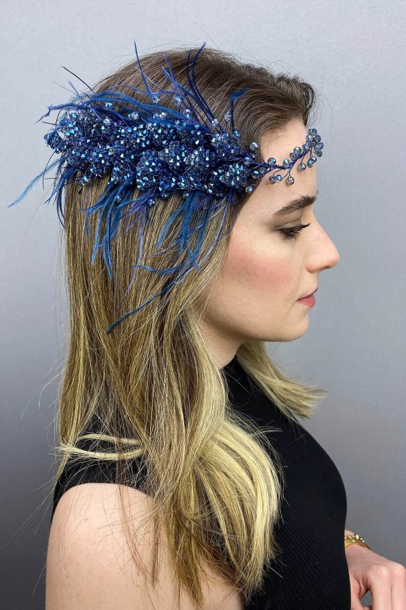 İndigo Mavi Fliyz Tüylü Kristalli Gelin Saç ve Türban Aksesuarı