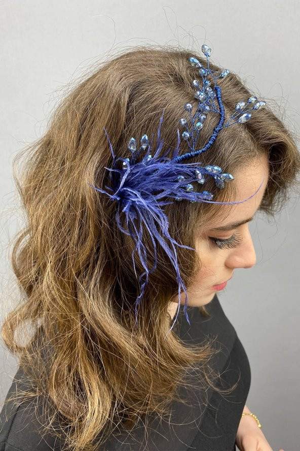 İndigo Mavi Ozly Tüylü Kristalli Gelin Saç ve Türban Aksesuarı
