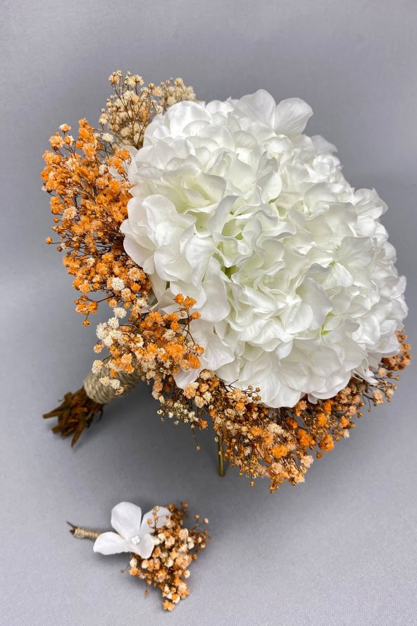 Beyaz Ortancalı Turuncu Cipsolu Gelin Buketi ve Damat Çiçeği