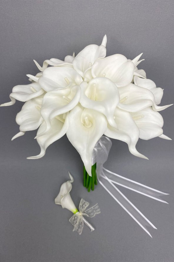 Beyaz  Islak Gala Gelin Buketi ve Damat Yaka Çiçeği