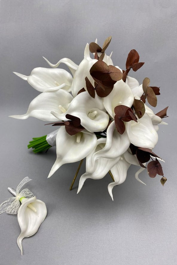 Beyaz  Islak Gala Okaliptuslu Gelin Buketi ve Damat Çiçeği