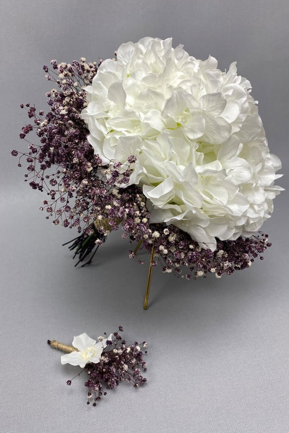 Beyaz Ortancalı Mor Cipsolu Gelin Buketi ve Damat Çiçeği
