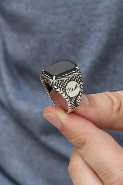 Siyah Oniks Taşlı Harfli Gümüş Erkek Yüzük - 7