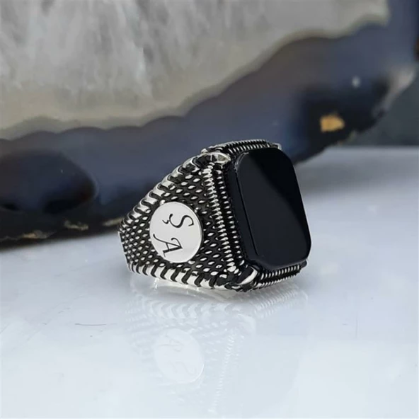 Siyah Oniks Taşlı Harfli Gümüş Erkek Yüzük - 10