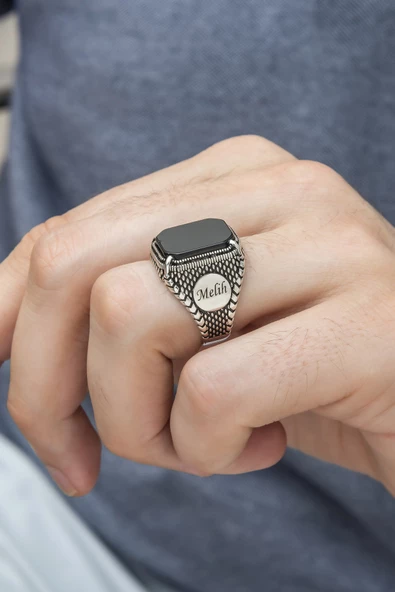 Siyah Oniks Taşlı Harfli Gümüş Erkek Yüzük - 4