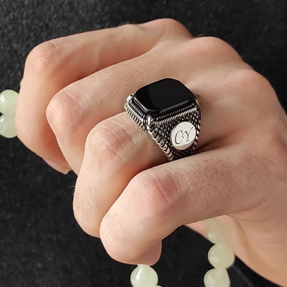 Siyah Oniks Taşlı Harfli Gümüş Erkek Yüzük - 2