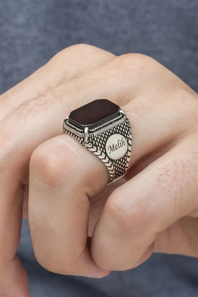 Siyah Oniks Taşlı Harfli Gümüş Erkek Yüzük - 3