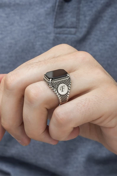 Siyah Oniks Taşlı Harfli Gümüş Erkek Yüzük - 6