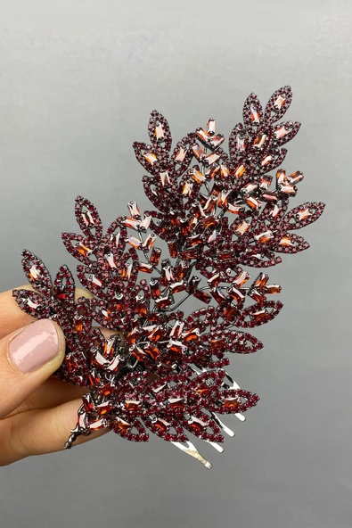 Bordo Zirkon Taşlı Kayra Tarak Toka Gelin Saçı Aksesuarı