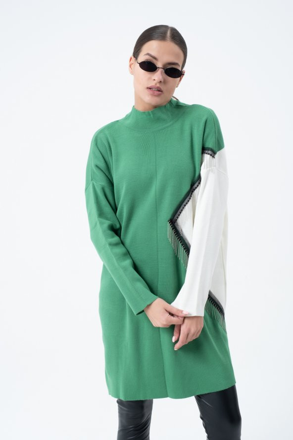 14533-Kadın İntersia Metal Zincir Püsküllü Tunik - Benetton Yeşil
