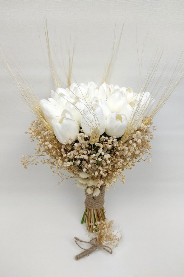 Beyaz Laleli Gelin Buketi Ve Damat Yaka Çiçeği 20 Adet Lale