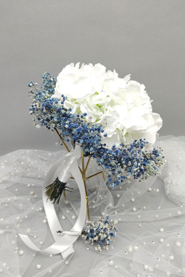 Beyaz Ortancalı Gelin Çiçeği Ve Damat Yaka Çiçeği