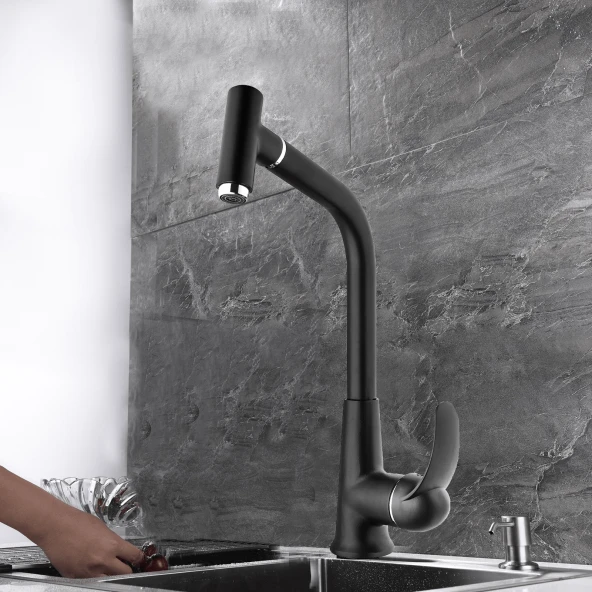 Venita Siyah Spiralli T-Max Pirinç Başlıklı Mutfak Evye Bataryası