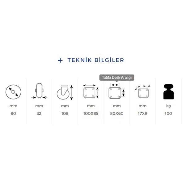 Kama Sabit Tablalı 100x32 mm Teker Poliamid Beyaz Burçlu Ağır Yük Tekeri - 2
