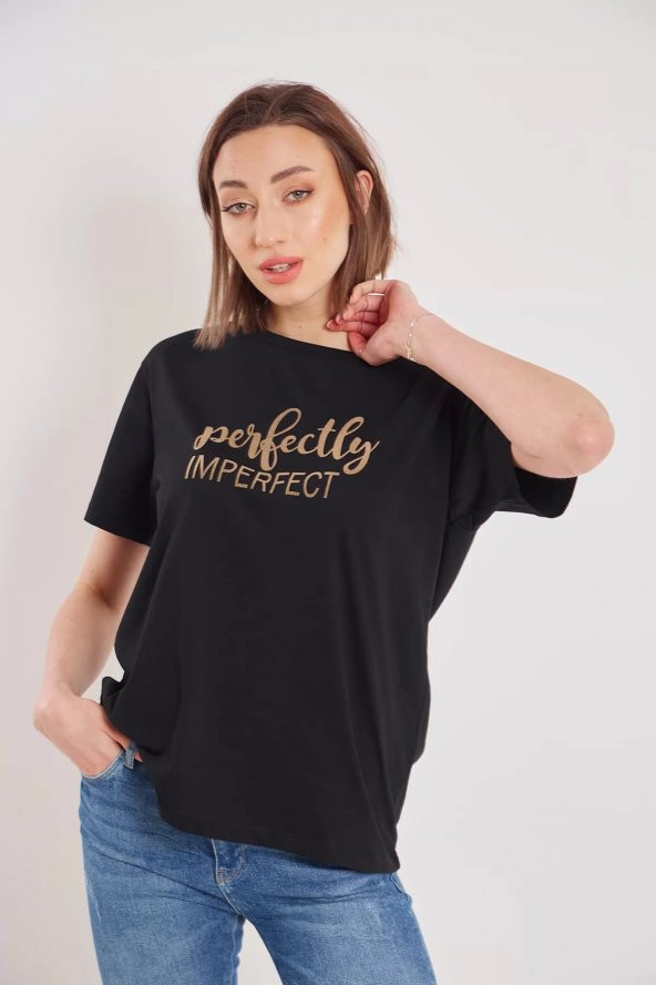 Kadın Siyah  Perfectly Yazı Baskılı T-shirt