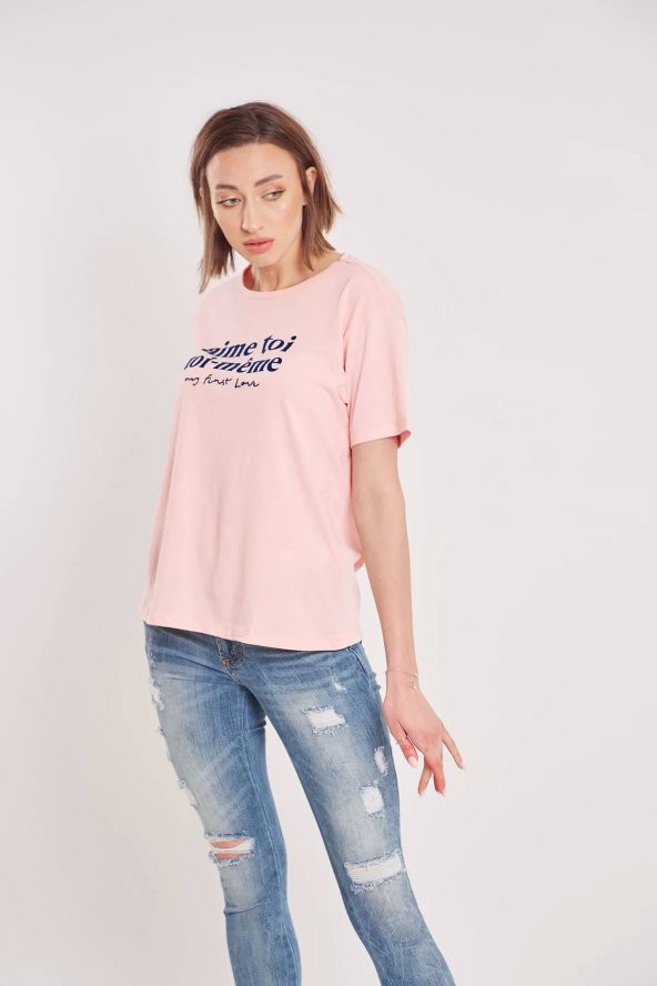 Kadın Pudra Yazı Baskılı T-shirt - 2