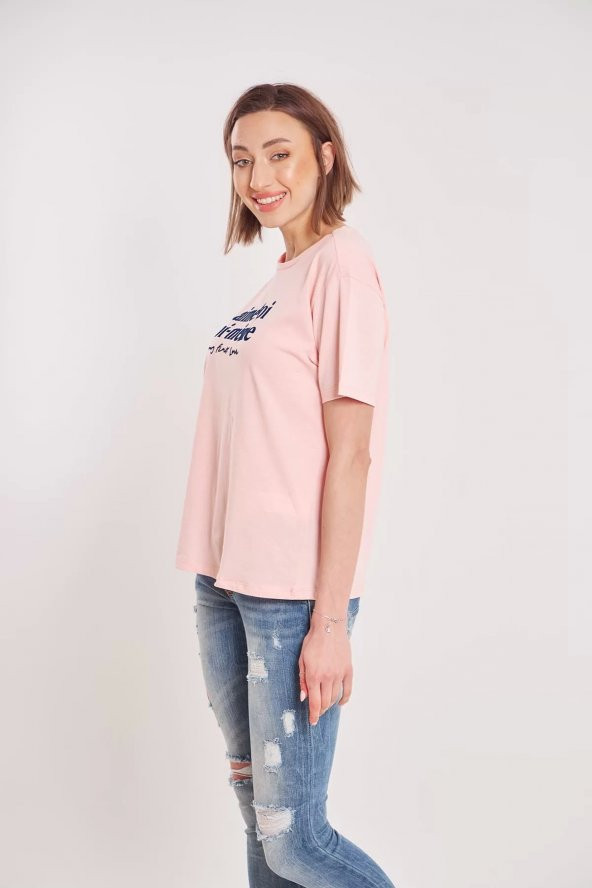 Kadın Pudra Yazı Baskılı T-shirt - 3