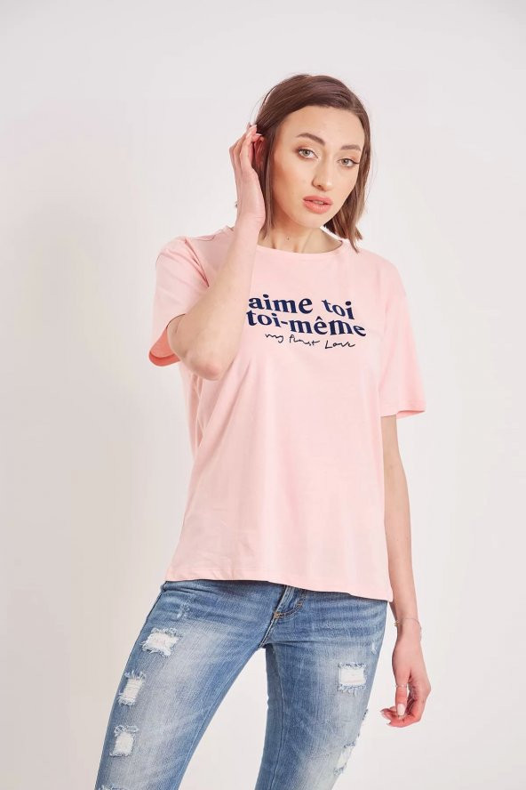 Kadın Pudra Yazı Baskılı T-shirt - 4