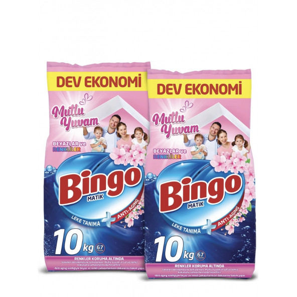 Bingo Matik 10 Kg 2'li Paket Mutlu Yuvam Renkliler ve Beyazlar Toz Çamaşır Deterjanı - 1