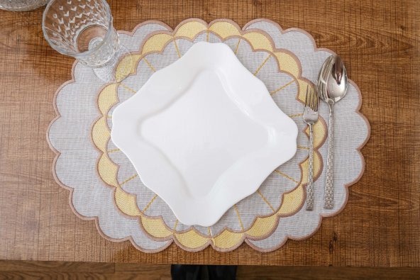 Finezza Mila Nakışlı Keten Efekt Kumaş Krem Sarı A.Servis 33x45 cm 4 Ad.-1392 - 4