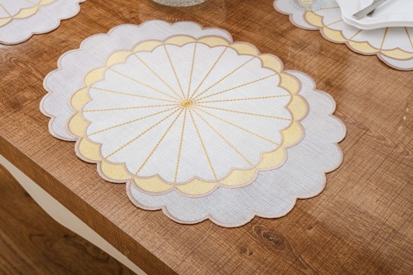 Finezza Mila Nakışlı Keten Efekt Kumaş Krem Sarı A.Servis 33x45 cm 4 Ad.-1392 - 5