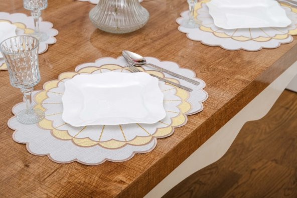 Finezza Mila Nakışlı Keten Efekt Kumaş Krem Sarı A.Servis 33x45 cm 4 Ad.-1392 - 3