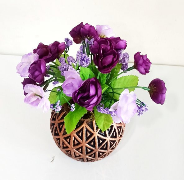 Mini Bronz Vazoda Mor Ve Lila Rengi Çiçekli Dekoratif Kır Çiçekli Yapay Çiçek - 2