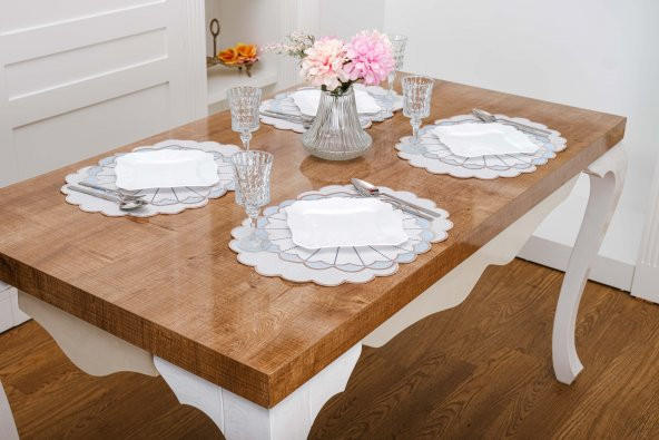 Finezza Mila Nakışlı Keten Efekt Kumaş Krem Mavi A.Servis 345x45 cm 4 Ad.-1394 - 2