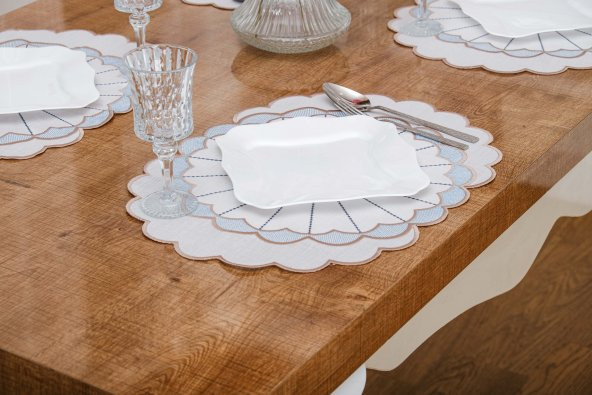 Finezza Mila Nakışlı Keten Efekt Kumaş Krem Mavi A.Servis 345x45 cm 4 Ad.-1394 - 3
