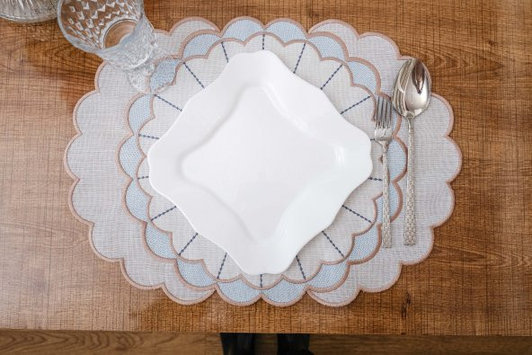 Finezza Mila Nakışlı Keten Efekt Kumaş Krem Mavi A.Servis 345x45 cm 4 Ad.-1394 - 4