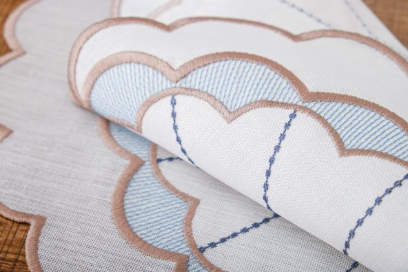 Finezza Mila Nakışlı Keten Efekt Kumaş Krem Mavi A.Servis 345x45 cm 4 Ad.-1394 - 6