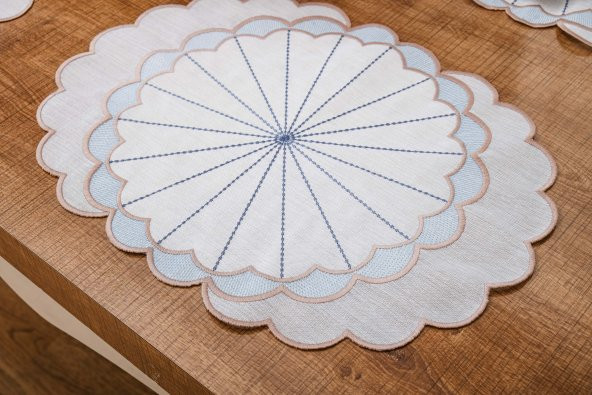 Finezza Mila Nakışlı Keten Efekt Kumaş Krem Mavi A.Servis 345x45 cm 4 Ad.-1394 - 5