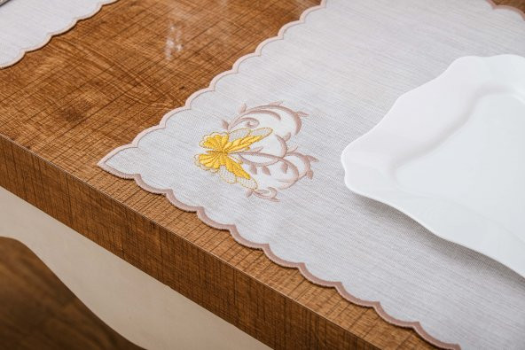 Finezza Dolce Nakışlı Keten Efekt Kumaş Krem Sarı A.Servis 33,5x45 cm 4 Ad-1395 - 4
